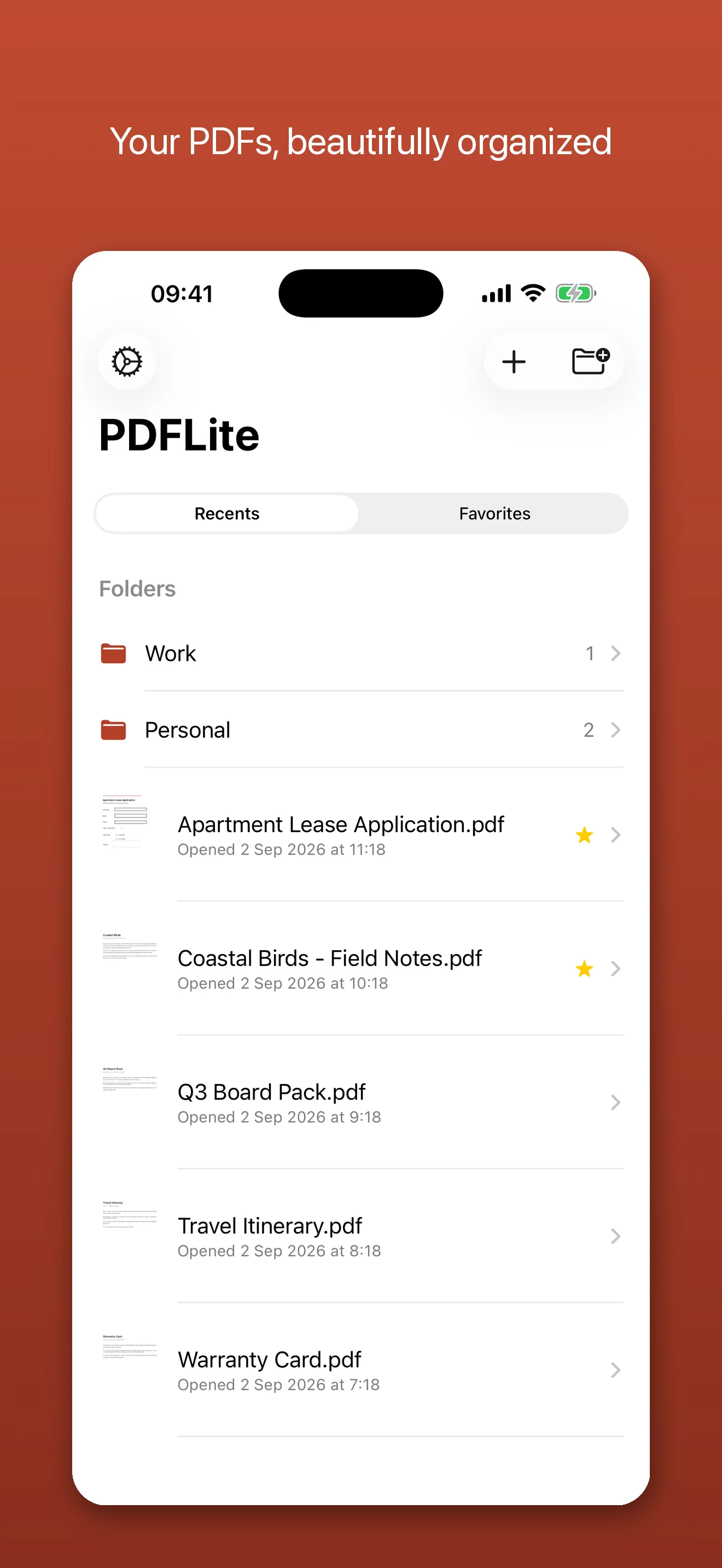 PDFLite library with folders and favorites